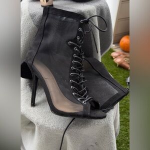Wild Diva Black Mesh Lace-Up Heels